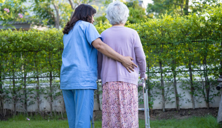 Doctor help and care elderly old lady woman use walker